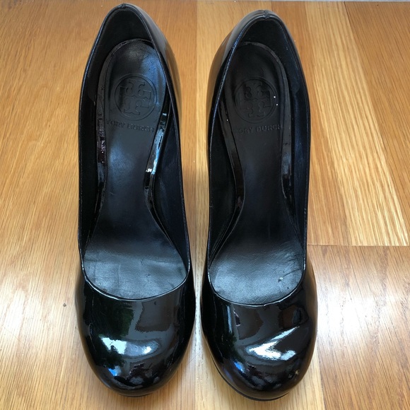 $348~TORY BURCH~Black Patent Leather COLIN Glitter Heel Round Toe Pumps~7/7.5 - Picture 8 of 15